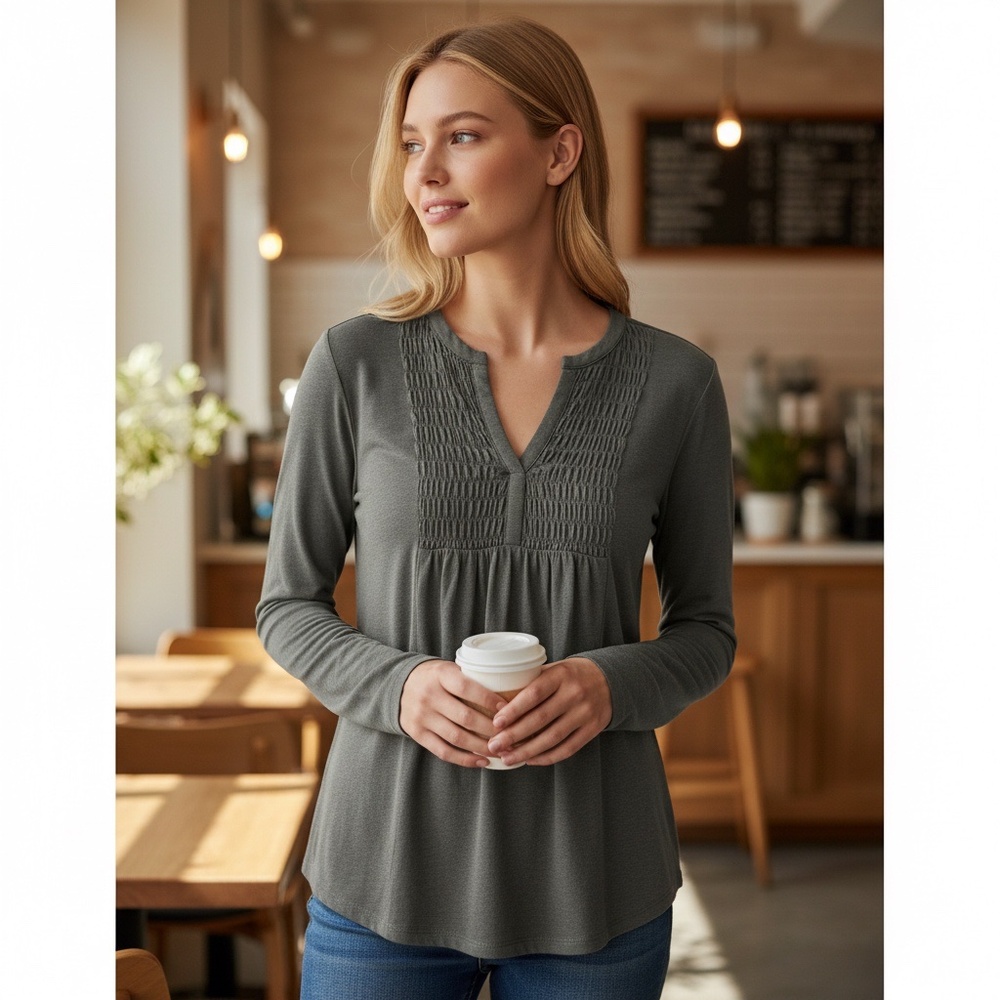 Lucky‎ Brand Grey Smocked Split Neck Long Sleeve Top Large